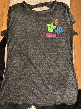 Zumba Fitness Short Sleeve Charcoal Gray Tee with Neon Graphic Accents